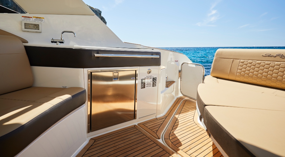 Teak cockpit and galley at anchor