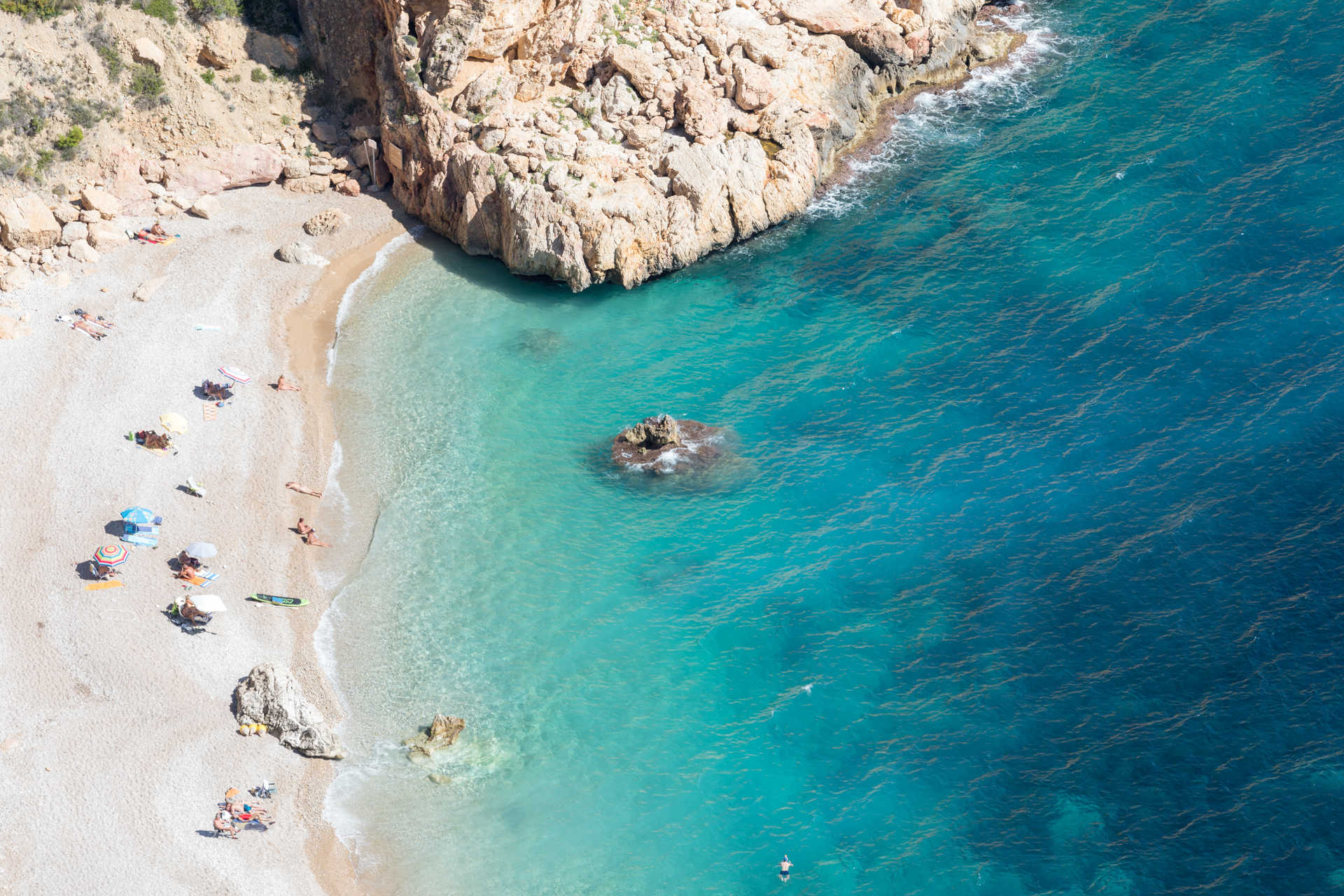 Aerial of Cala Moraig beach with turquoise water
