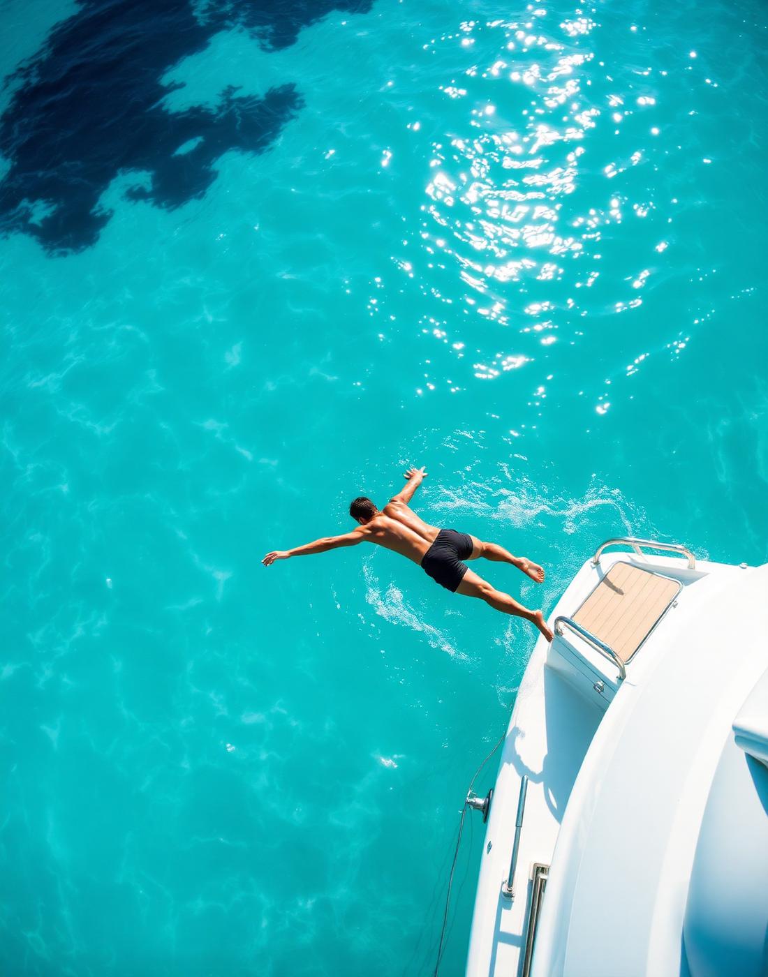 Diving into clear turquoise water from the swim platform
